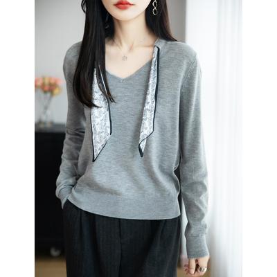 MONLOUVE高级小众设计感时尚薄款秋季毛衣针织衫宽松洋气丝巾领结