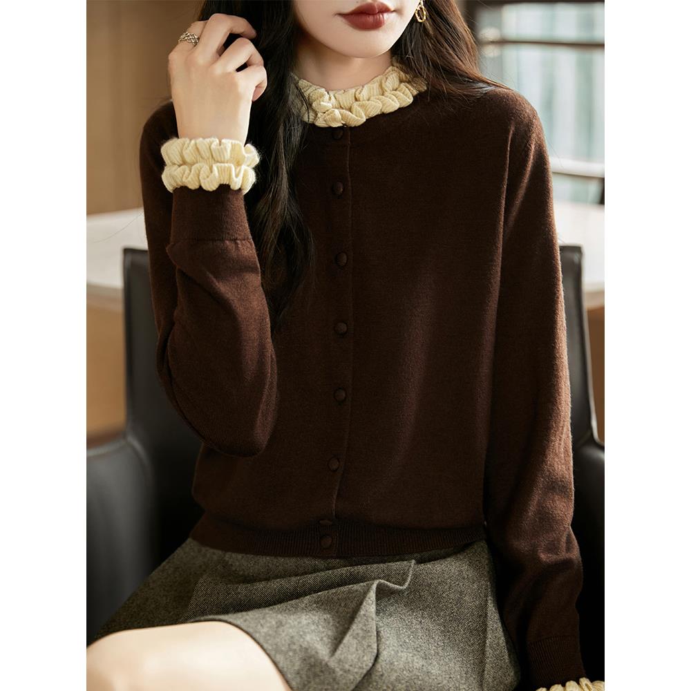 MONLOUVE2025新款木耳领针织开衫女宽松显瘦百搭毛衣外套外穿上衣