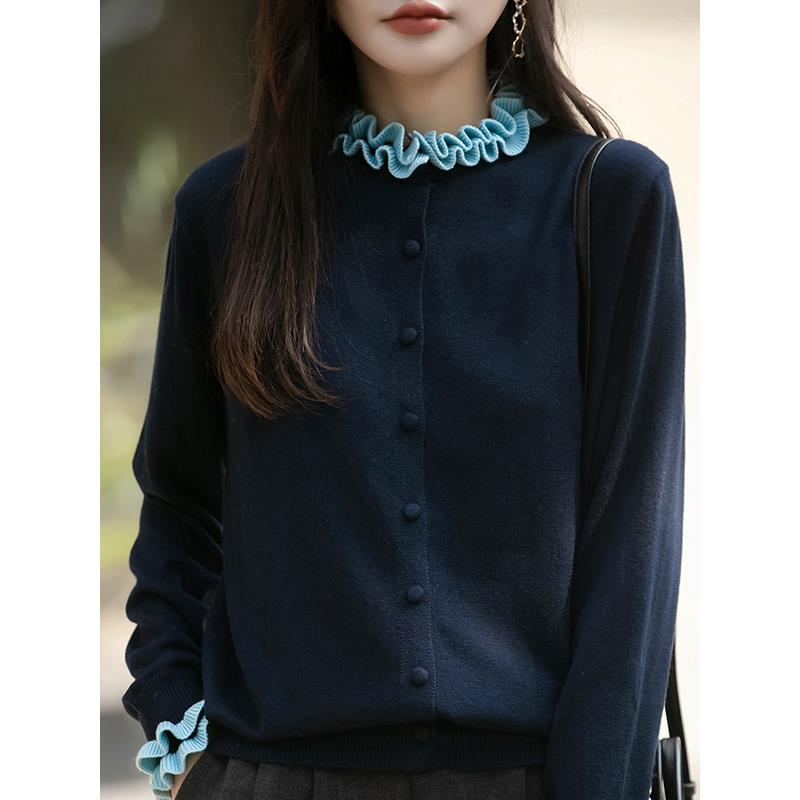 MONLOUVE小香风木耳边洋气针织衫女外穿温柔花边软糯毛衣开衫秋冬