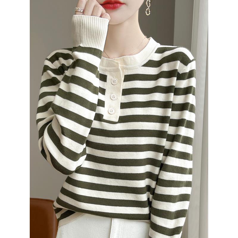 MONLOUVE2025新款条纹撞色设计感针织半开领长袖女薄款早秋条纹上