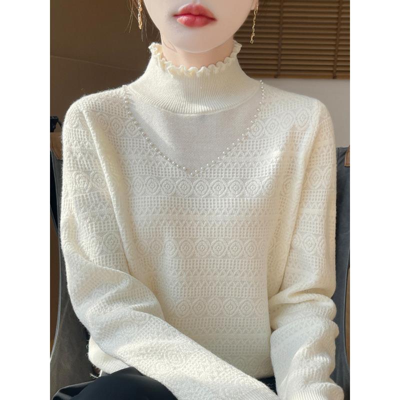 MONLOUVE超好看外穿显瘦2025秋冬时尚小香风毛衣木耳花边半高领减