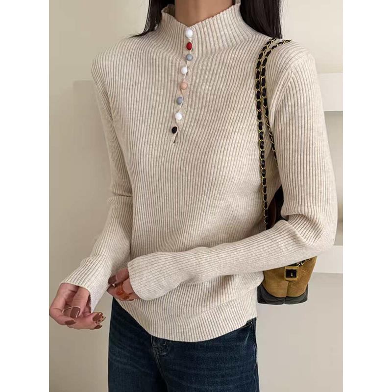 MONLOUVE洋气纽扣装饰2025秋冬新款半高领针织衫毛衣显瘦设计感打