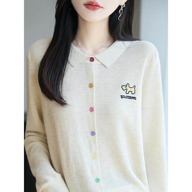 MONLOUVE2025新款翻领刺绣宽松短款早秋薄款针织衫开衫外套女上衣