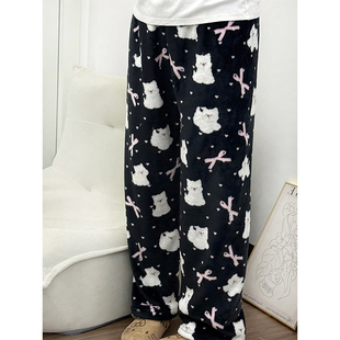 法兰绒睡裤女秋冬季可爱快乐小狗遛弯裤保暖珊瑚绒冬天外穿休闲裤