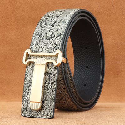 时尚宽鸵鸟纹T字平滑扣腰带