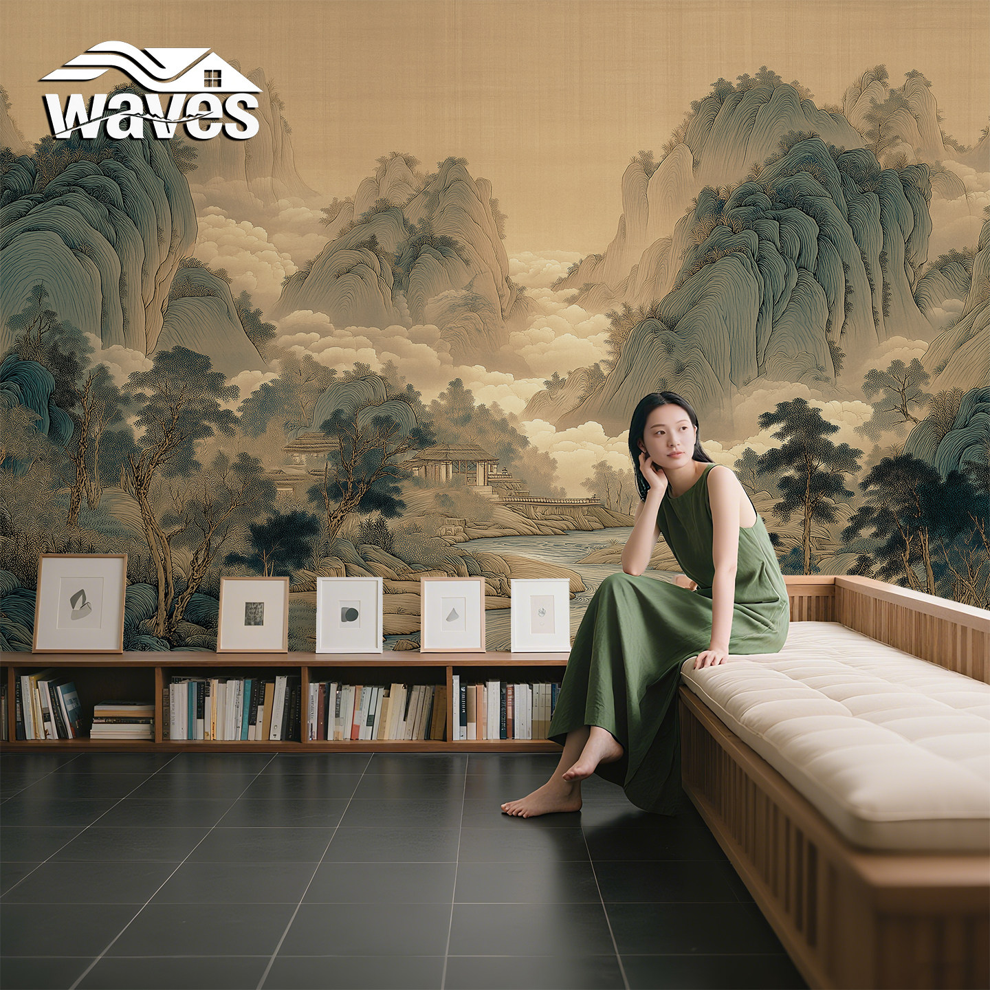 3d墙纸现代宋氏美学国画高山流水背景墙壁布客厅壁纸卧室墙布壁画