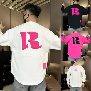 春秋新款重工字母长袖卫衣男女同款时尚潮流宽松百搭圆弧下摆上衣
