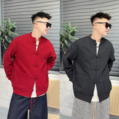 卫衣男女同款 马年新款 红色本命年糯米绒开衫 满天星国风盘扣外套男