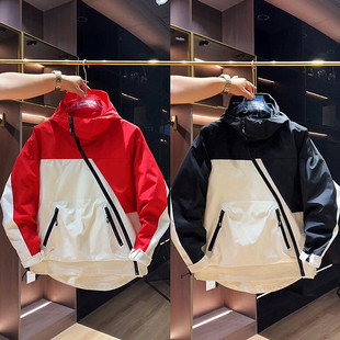 秋季斜拉链大口袋工装连帽外套男士潮流拼色宽松百搭防风夹克外套