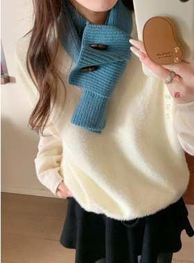 冬日温柔~蓝色纽扣交叉针织毛线围巾女配大衣高级感保暖围脖护颈