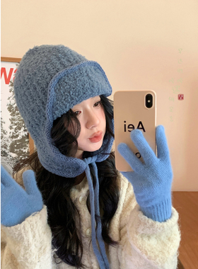针织毛线蓝色飞行帽女冬保暖显脸小适合方圆脸帽子独特漂亮雷锋帽