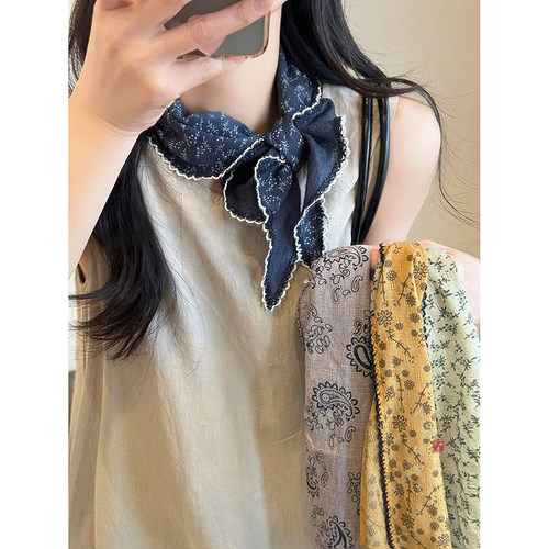 复古小碎花三角巾丝巾冬季围脖