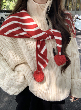 可爱红色条纹毛球三角围巾女秋冬保暖披肩坎肩装饰高级感护颈围脖