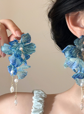 蓝色花朵珍珠长款流苏耳环女超仙度假风夸张耳钉小众独特气质耳饰