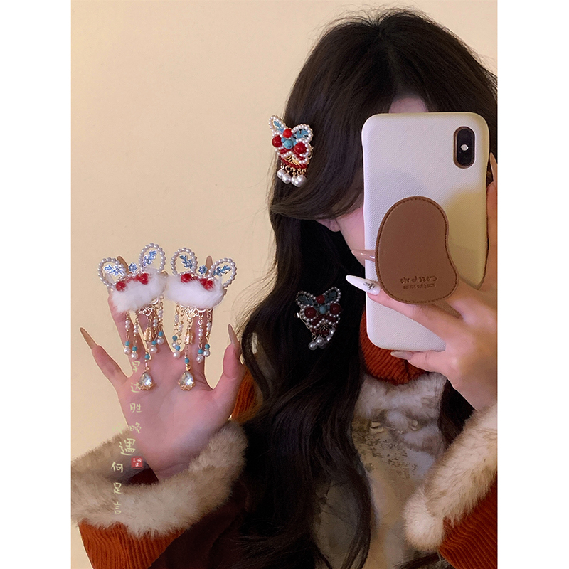 醒狮珍珠毛绒发夹古风新年喜庆
