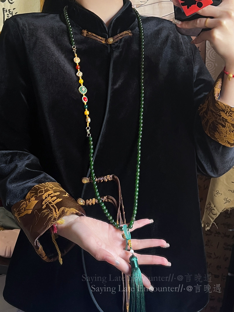高版本~国风绿玛瑙长款串珠斜挎链新中式古风流苏项链毛衣链配饰