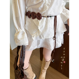 复古棕色玫瑰蕾丝飘带腰带女装 小众设计感腰链腰间配饰 饰配牛仔裤