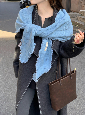 吸睛满分！蓝色木耳边羊毛三角巾披肩围巾两用女冬季保暖加厚围脖