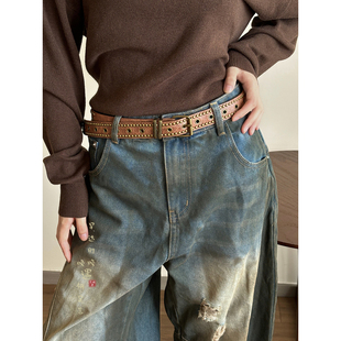 饰腰间配饰品 高级感毛衣腰带装 复古棕色铆钉卡扣皮带女款 配牛仔裤