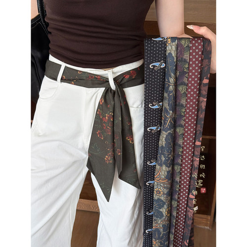 印花长条丝巾腰带复古点缀配饰