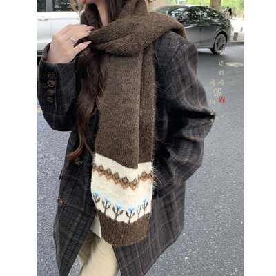 针织棕色围巾加厚保暖围脖