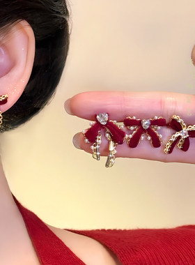 红色蝴蝶结爱心锆石耳环女新年小众独特漂亮耳钉巨好看的气质耳饰