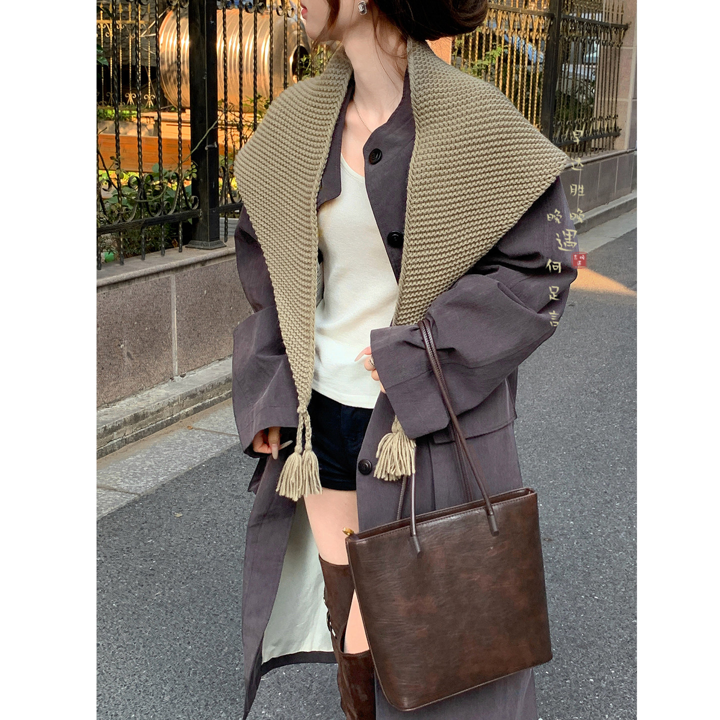 慵懒风~咖色流苏针织三角巾围巾披肩两用女冬季百搭保暖围脖护颈