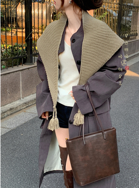 慵懒风~灰色流苏针织三角巾围巾披肩两用女冬季百搭保暖围脖护颈