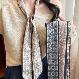 棕色腰果花长条丝巾女复古装 腰带腰间配饰 饰系脖领巾颈饰配牛仔裤