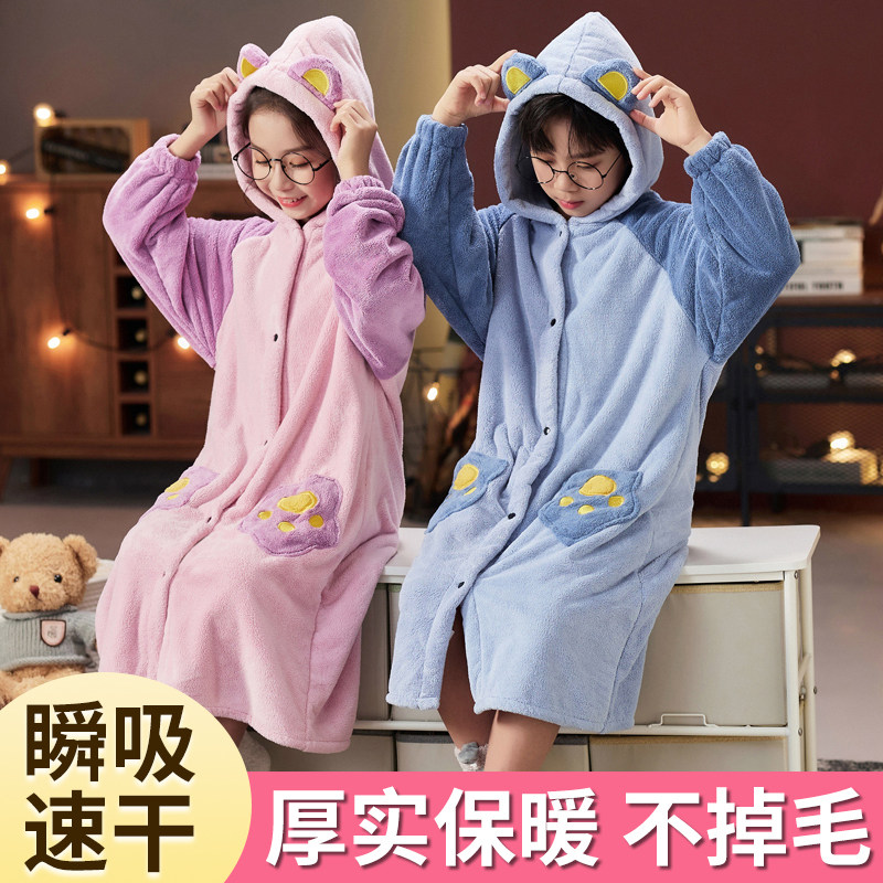 浴巾可穿冬儿童浴袍男童吸水带帽女童连帽睡袍中大童冬季加厚斗篷