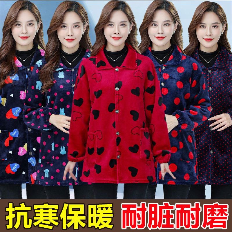 冬季罩衣法兰绒成人女长袖加绒加厚妈妈装时尚外套厨房围裙工作服