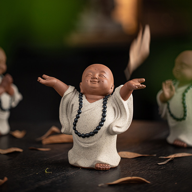 中式禅意可爱小和尚摆件紫砂创意家居客厅博古架装饰陶瓷人物摆设