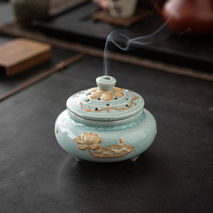 汝窑天青莲花环香炉家用覆古三足沉香炉高档书房茶室香薰炉摆件