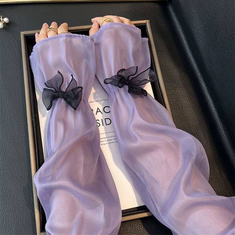 优雅素色珠光纱蝴蝶结防晒袖套女士夏季护手臂手袖宽松喇叭袖紫色