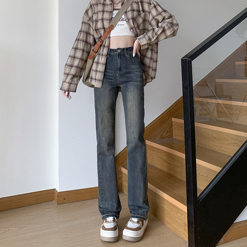 加长弹力烟管裤高腰显瘦修身纯色直筒牛仔裤型宽松