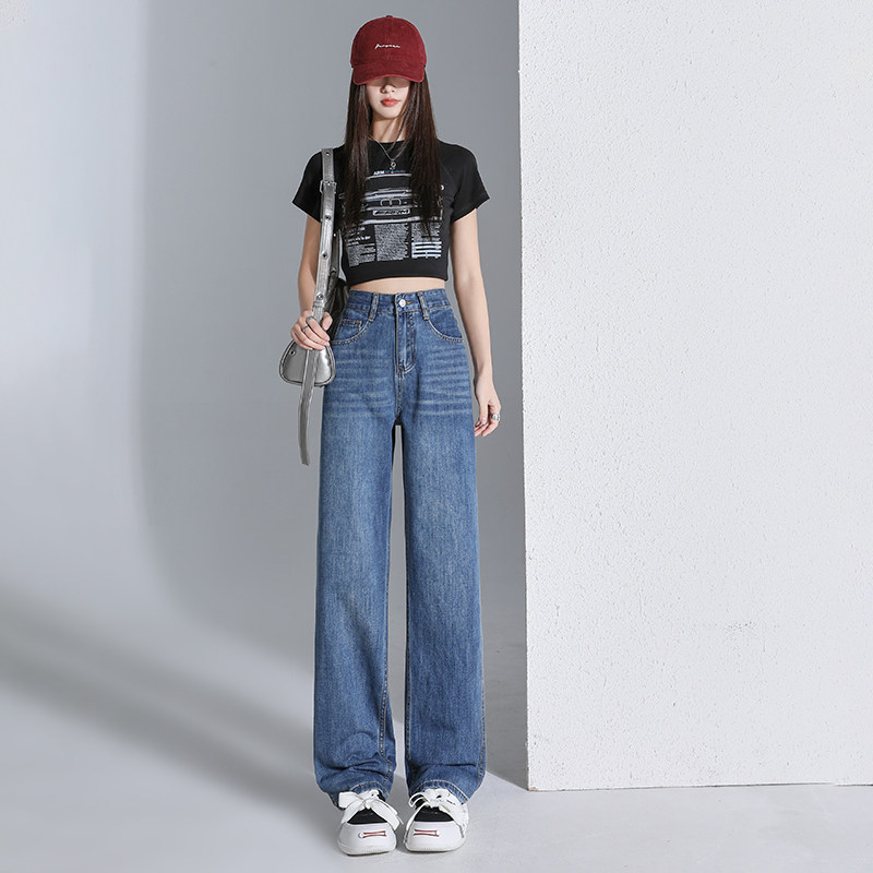 复古蓝直筒牛仔裤女小个子宽松显瘦2025夏季新款高腰窄版阔腿裤子