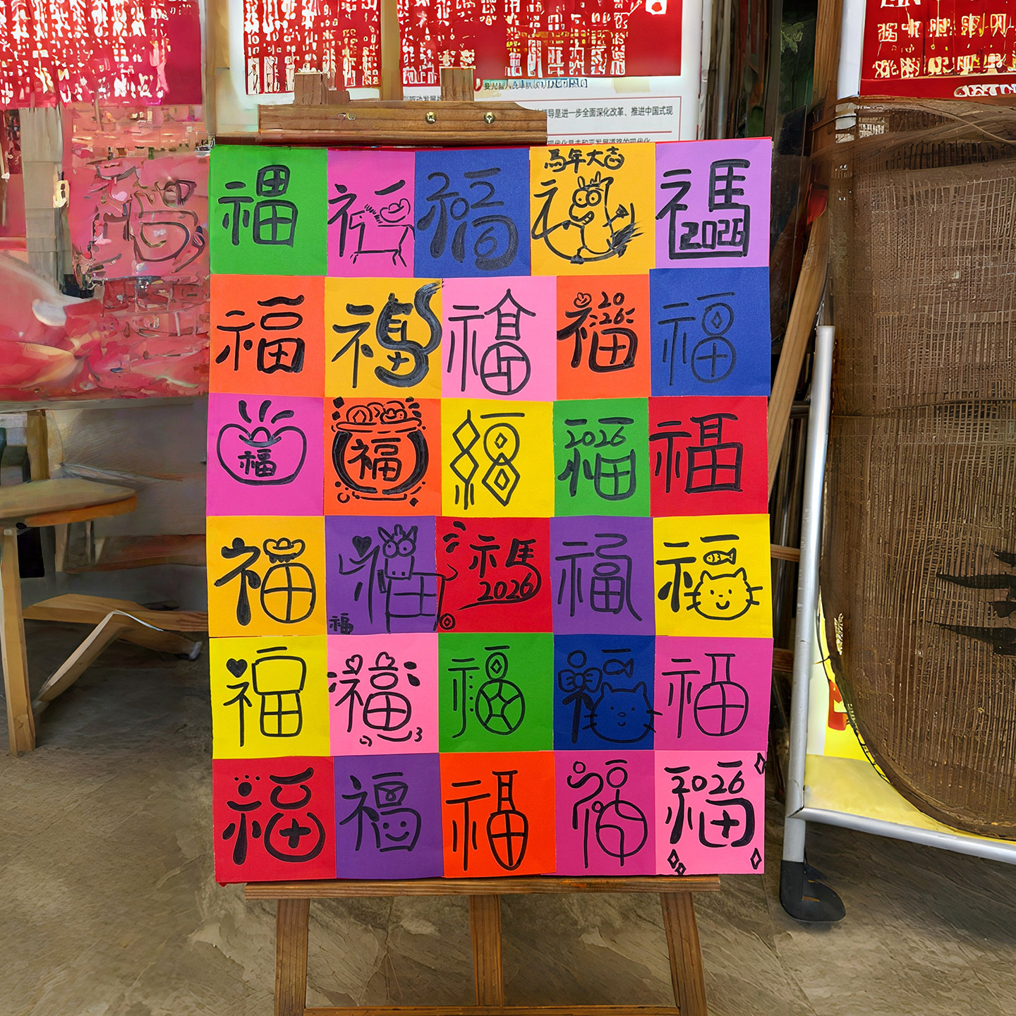 幼儿园新年手工diy百福图展板彩色折纸元旦教室装饰品氛围感布置