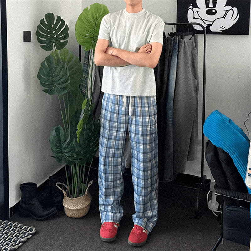 春秋美式2025潮牌春秋男蓝色格子裤美式休闲长裤直筒宽松学生篮球图片