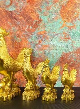 全黄铜金钱公鸡家居办公室乔迁玄关铜福字鸡铜器摆件