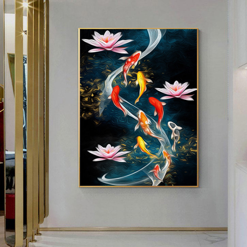 diy填充小众数字油彩画九鱼荷花油画填色尺寸治愈手工画画涂色画