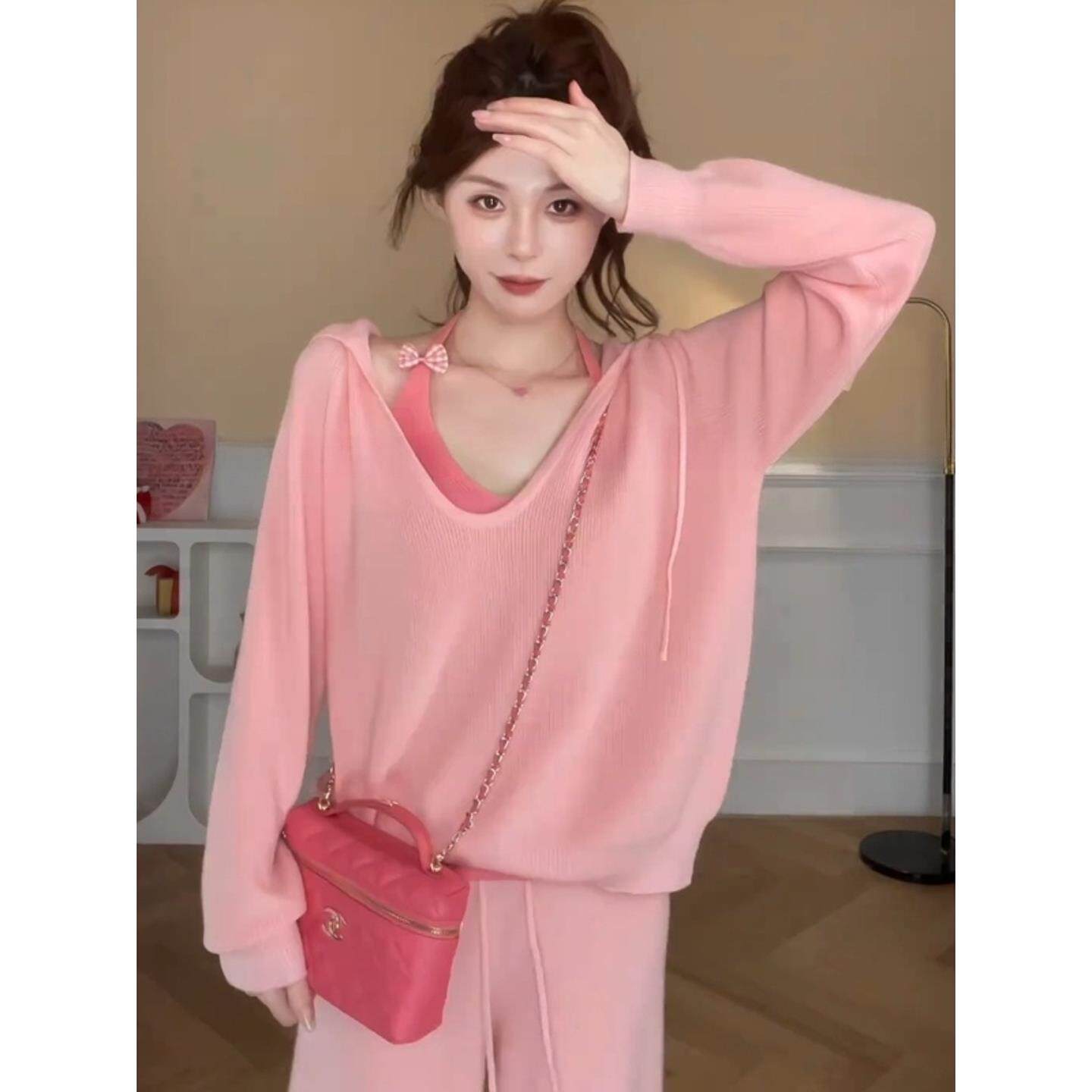 MONLOUVE2025新款早秋搭配一整套巨好看的小个子粉色上衣阔腿裤两