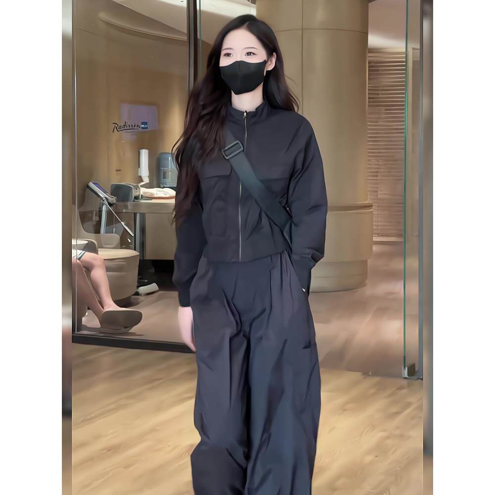 MONLOUVE黑色休闲运动套装女小个子时尚宽松跑步健身瑜伽服秋装搭