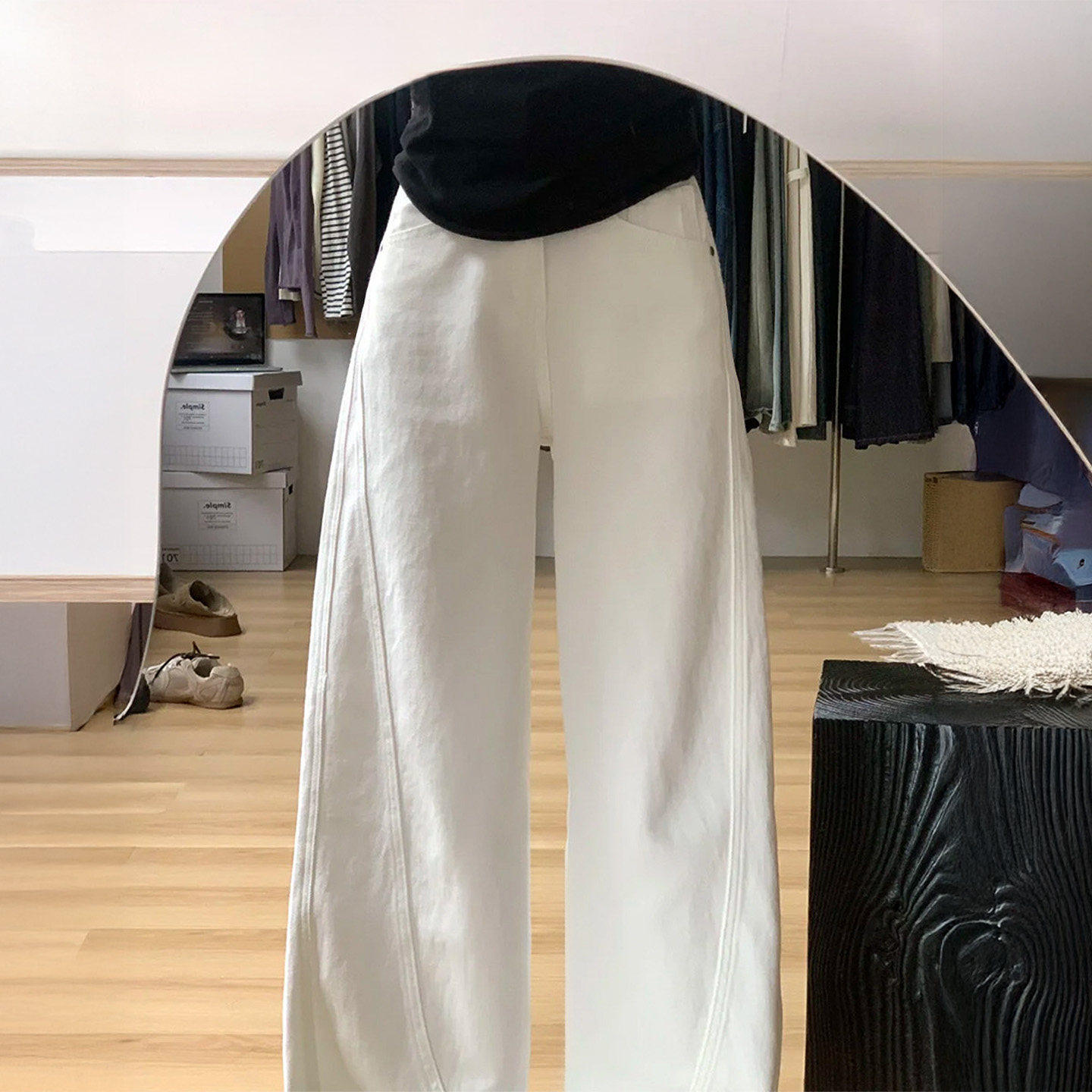 白色弯刀牛仔裤女春季新款大码胖mm高腰设计感宽松显瘦窄版阔腿裤