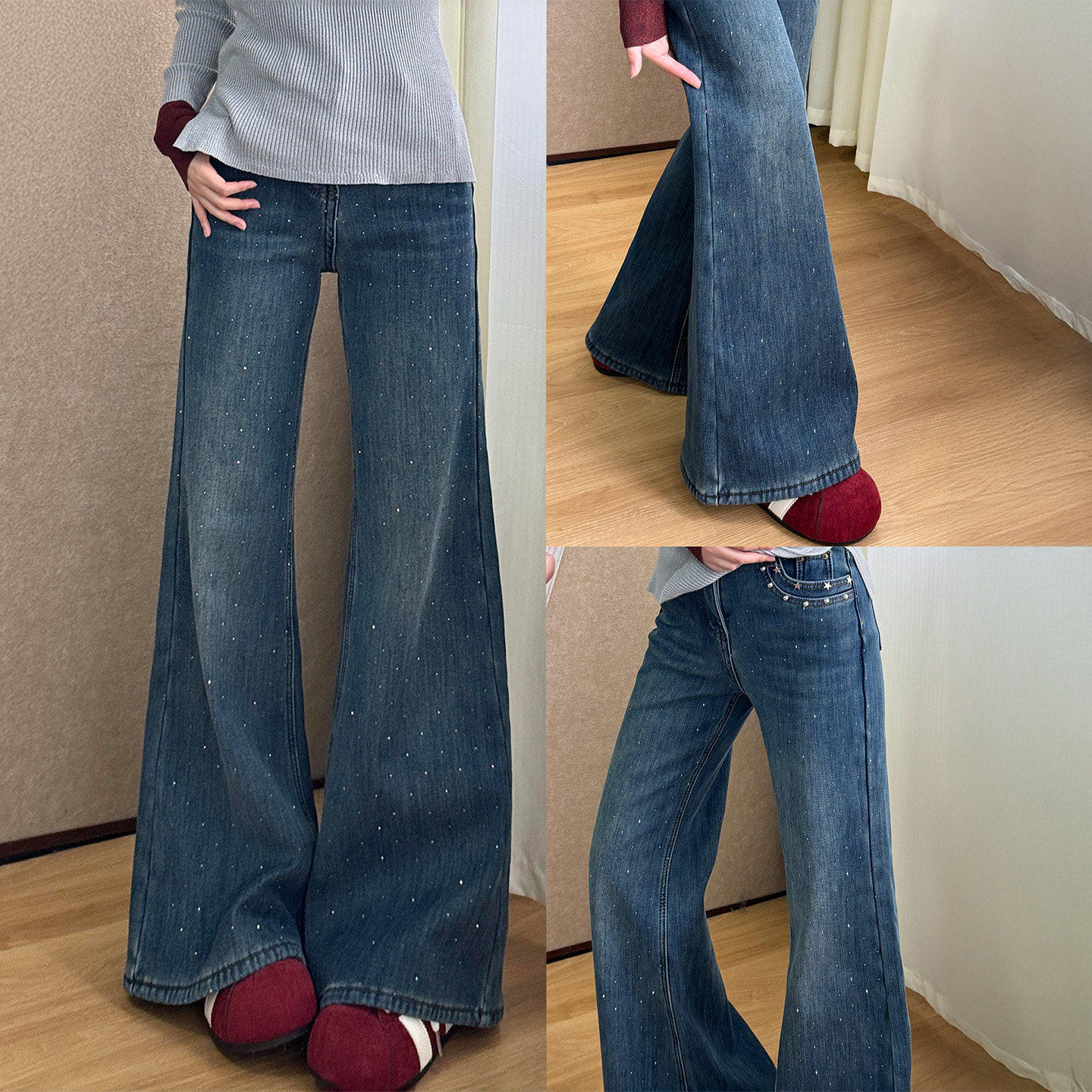 梨型身材满天星烫钻微喇牛仔裤女冬季新款大码胖mm高腰显瘦喇叭裤