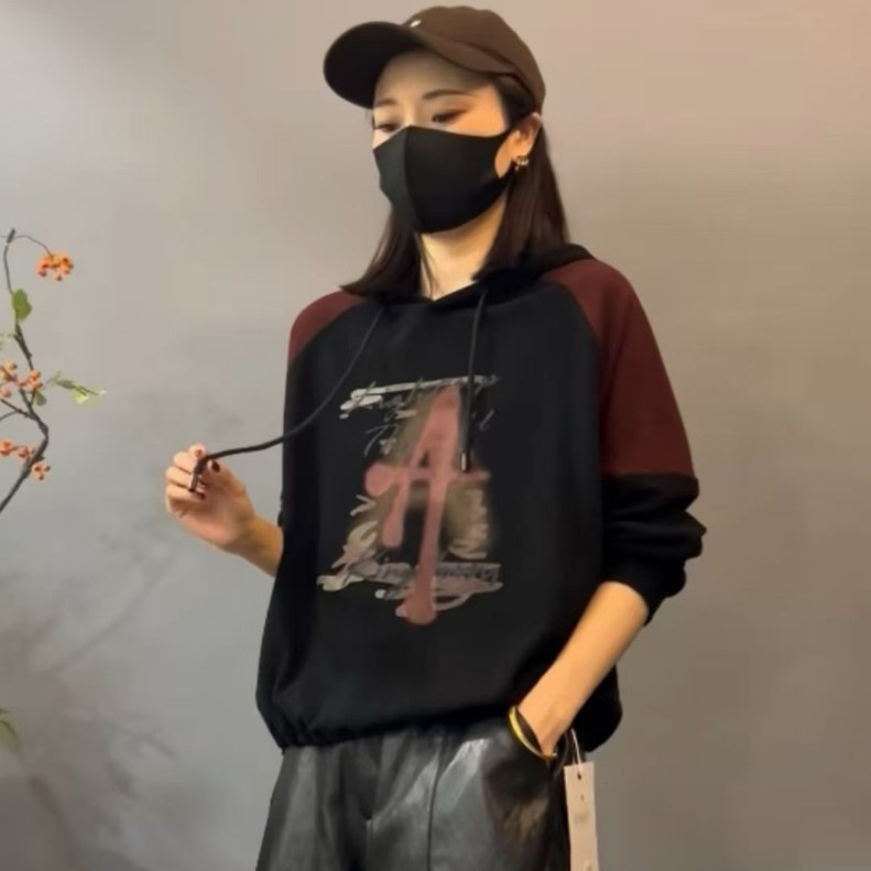 秋季长袖美式卫衣复古印花宽松新款薄款短款连帽上衣
