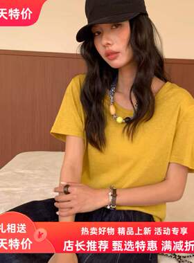 简约时尚黄色短袖T恤女春夏宽松舒适透气舒适圆领休闲爆款小清新
