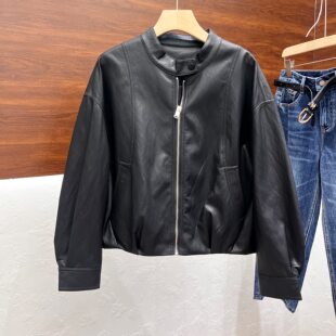 立体花苞香蕉袖 女装 立领短外套 新款 文艺范气质机车pu皮衣2026春季