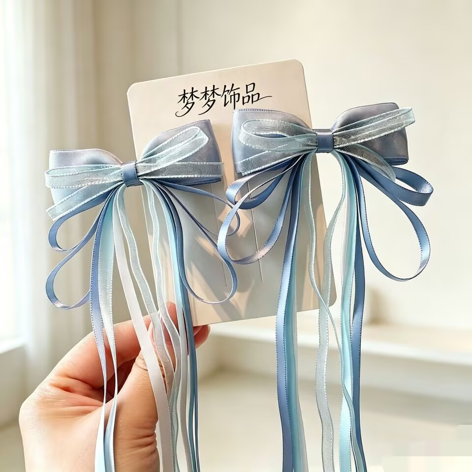 汉服头饰古风发夹儿童花朵蝴蝶结飘带流苏侧边对夹中国风古装