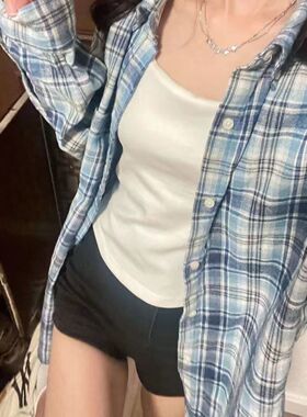 2024新款森系潮流蓝色格纹衬衫外套女宽松休闲遮肉中长款衬衣外穿
