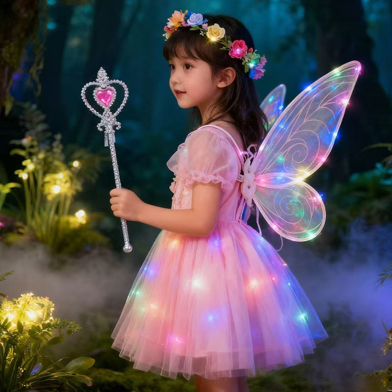 发光蝴蝶天使精灵翅膀女孩背饰玩具小仙女魔法棒公主花仙子花环